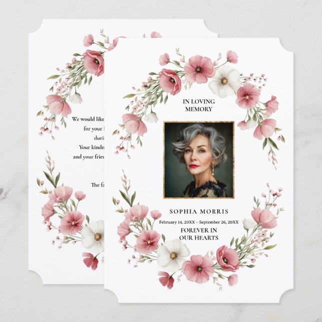 Pink Wild Flowers Funeral Photo Thank You Card (Front/Back)