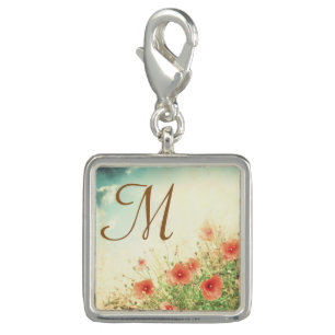 Pink Wild Flowers in Field Monogram Charm