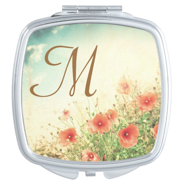 Pink Wild Flowers in Field Monogram Compact Mirror (Front)