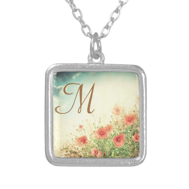 Pink Wild Flowers in Field Monogram Necklace (Front)