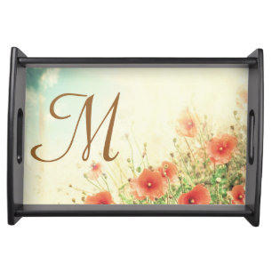 Pink Wild Flowers in Field Monogram Serving Tray