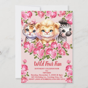 Pink Wild Four Fun 4 Years Old Girl Birthday Party Invitation