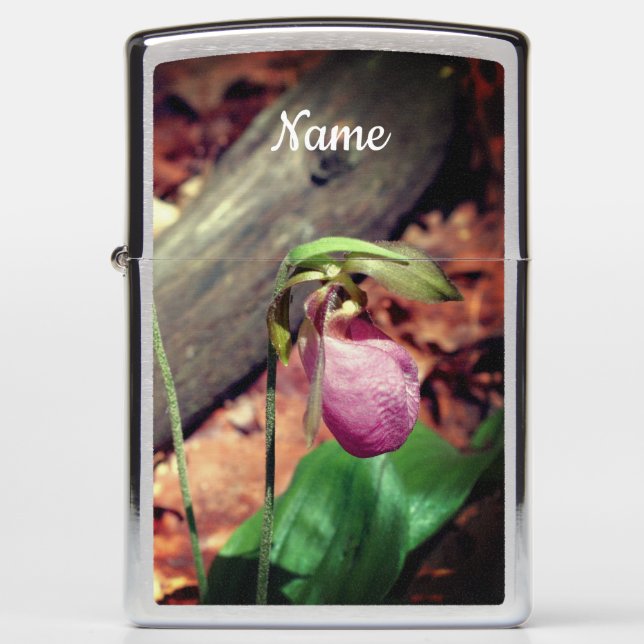 Pink Wild Lady Slipper Orchid Flower Personalized Zippo Lighter (Front)