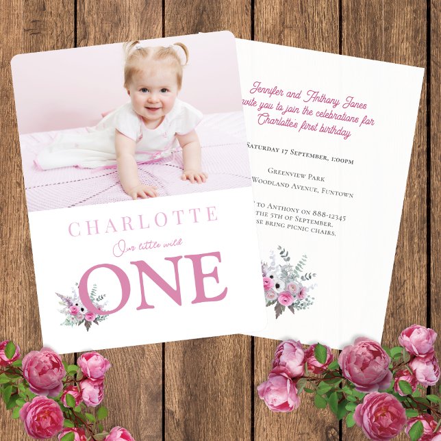 Pink Wild ONE 1st birthday  Invitation (Pink Wild ONE 1st birthday Invitation with watercolor flowers and custom photo of the baby)