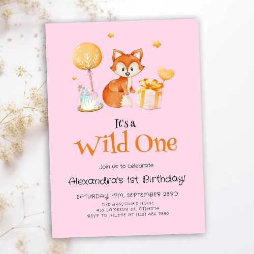 Pink Wild One Baby Girl First Birthday Invitation