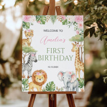 Pink Wild One Jungle Animals Birthday Welcome Sign