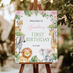 Pink Wild One Jungle Animals Birthday Welcome Sign