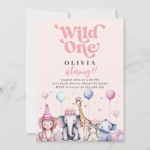 Pink Wild One Jungle Safari 1st Birthday Girl Invitation