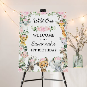 Pink Wild One Safari Animals Girl Birthday Welcome Foam Board