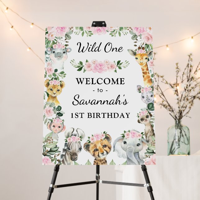 Pink Wild One Safari Animals Girl Birthday Welcome Foam Board (In Situ (Stand))