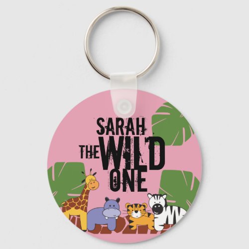 Pink Wild One Safari Animals Personalized Keychain