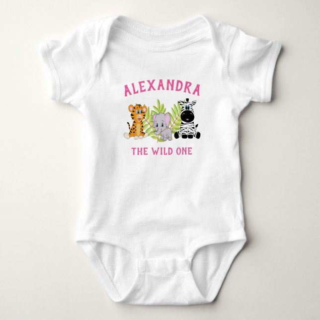 Pink Wild One Safari Girl Birthday Baby Bodysuit (Front)