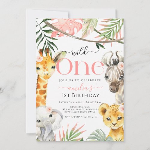 Pink Wild One Safari Jungle 1st Birthday girl Invitation