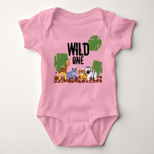 Pink WILD ONE Safari Jungle Theme First Birthday Baby Bodysuit