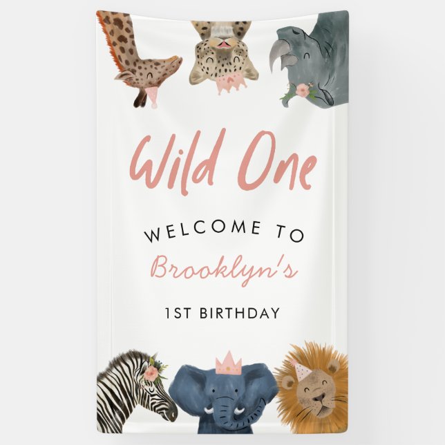 Pink Wild One Safari Theme Boy's 1st Birthday  Banner (Vertical)
