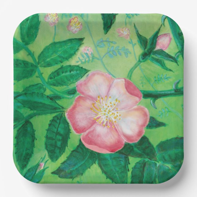 Pink Wild Rose Blooms Illustration  Paper Plates (Front)