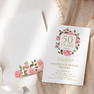 PINK WILD ROSE BOUQUET 50th ANNIVERSARY GOLDEN Invitation
