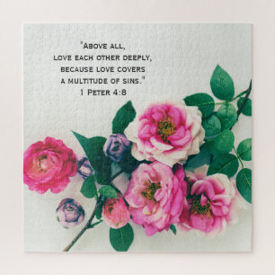 Pink Wild Rose Flower Bouquet Love Bible Verse Jigsaw Puzzle