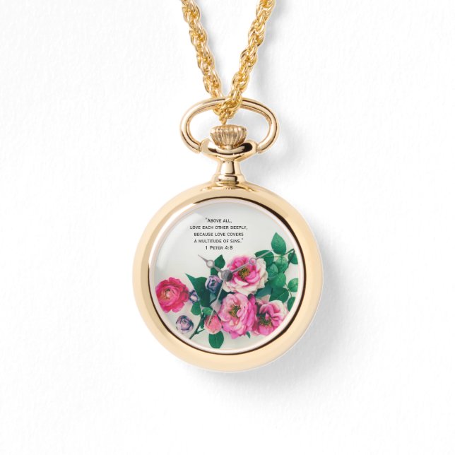 Pink Wild Rose Flower Bouquet Love Bible Verse Watch (Front)