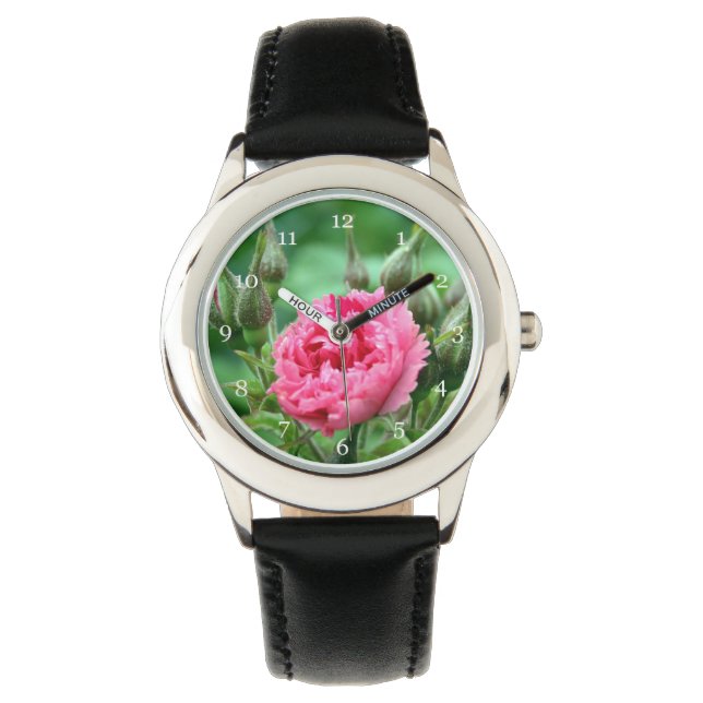 pink wild rose flower floral watch (Front)