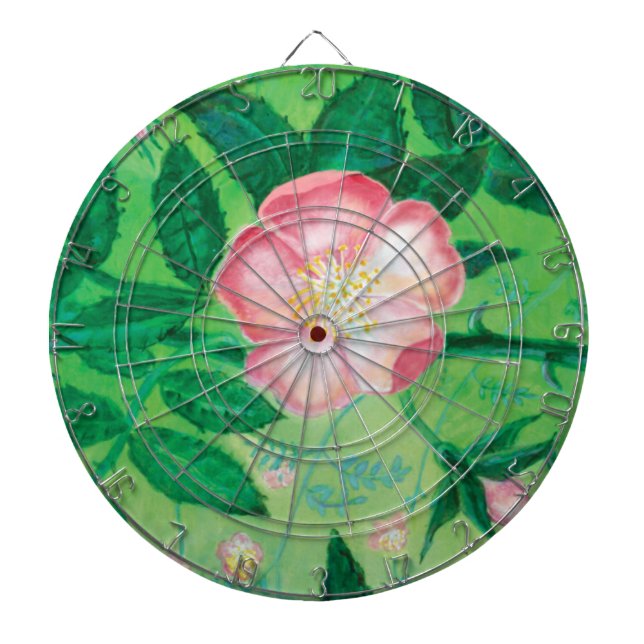 Pink Wild Rose Flowers & Green Leaves Illustration Dart Board (Front)