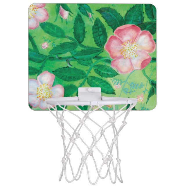 Pink Wild Rose Flowers & Green Leaves Illustration Mini Basketball Hoop (Front)