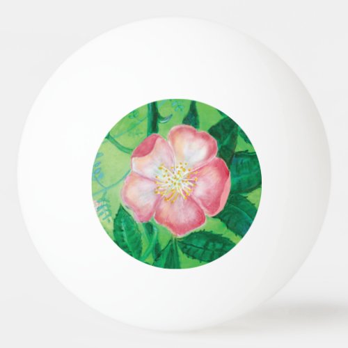 Pink Wild Rose Flowers  Green Leaves Illustration Ping Pong Ball