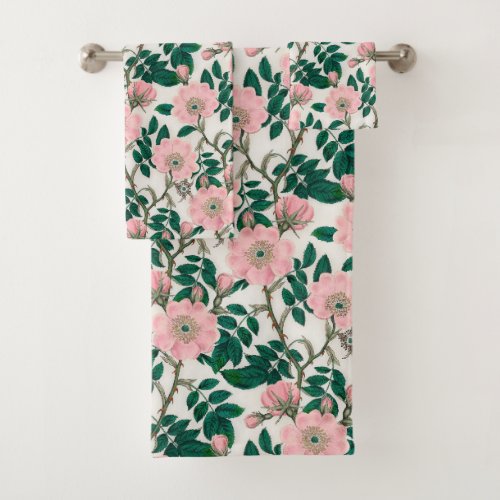 Pink Wild Rose Flowers  Green Leaves Pattern Bath Towel Set