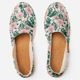 Pink Wild Rose Flowers & Green Leaves Pattern Espadrilles