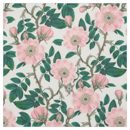 Pink Wild Rose Flowers & Green Leaves Pattern Fabric