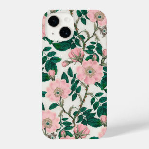 Pink Wild Rose Flowers & Green Leaves Pattern iPhone 14 Case