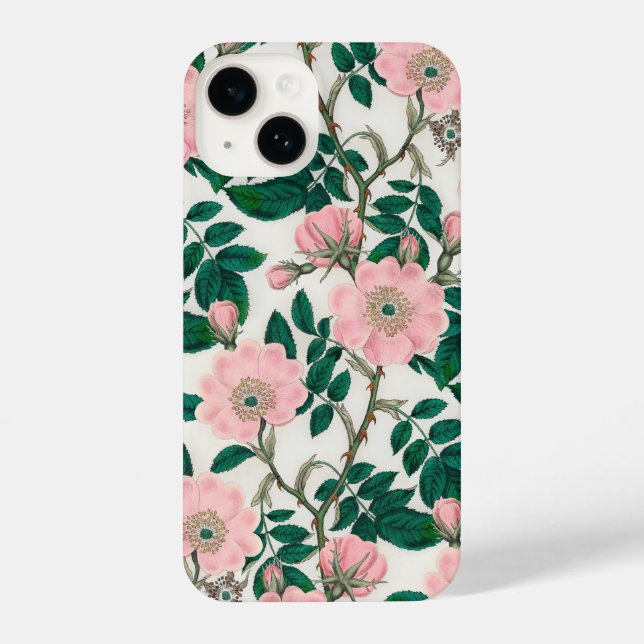 Pink Wild Rose Flowers & Green Leaves Pattern iPhone Case (Back)