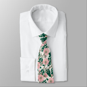 Pink Wild Rose Flowers & Green Leaves Pattern Neck Tie