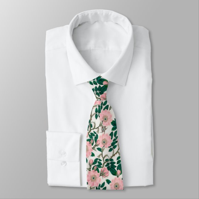 Pink Wild Rose Flowers & Green Leaves Pattern Neck Tie (Tied)