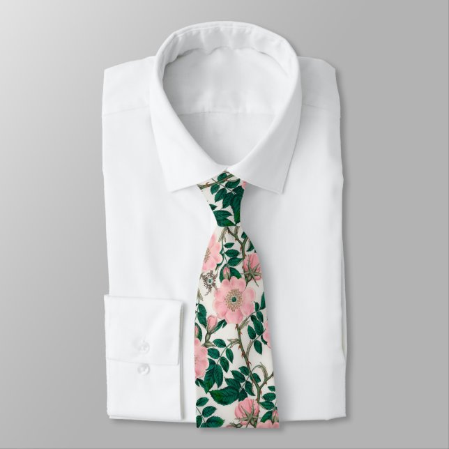 Pink Wild Rose Flowers & Green Leaves Pattern Neck Tie (Tied)