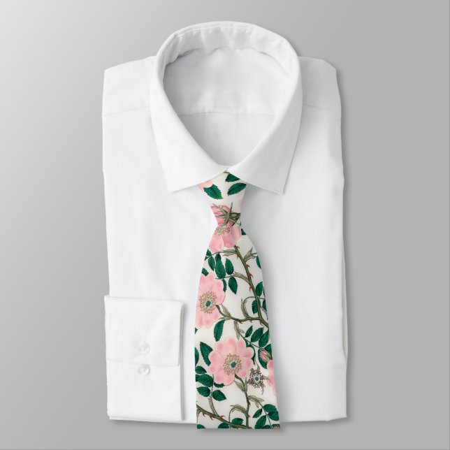 Pink Wild Rose Flowers & Green Leaves Pattern Neck Tie (Tied)