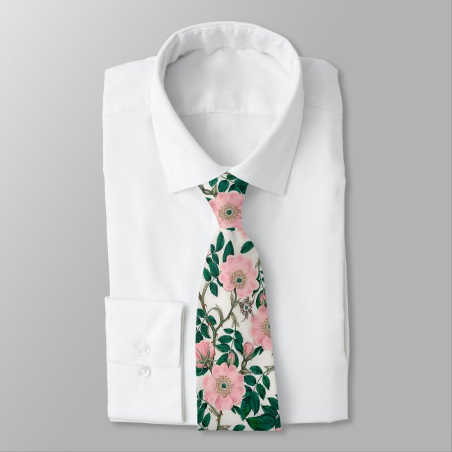 Pink Wild Rose Flowers & Green Leaves Pattern Neck Tie (Tied)