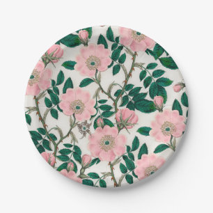 Pink Wild Rose Flowers & Green Leaves Pattern Paper Plates