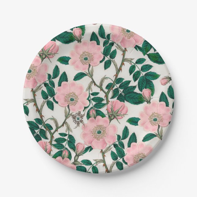 Pink Wild Rose Flowers & Green Leaves Pattern Paper Plates (Front)