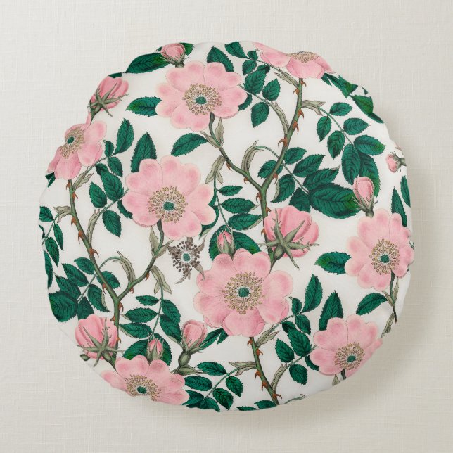 Pink Wild Rose Flowers & Green Leaves Pattern Round Pillow (Front)