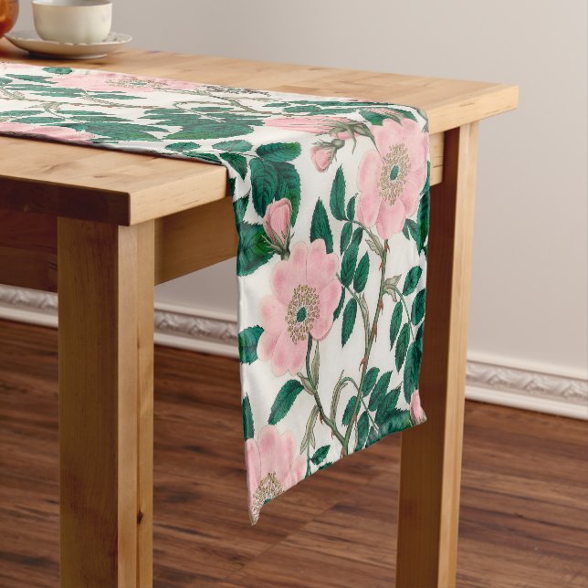 Pink Wild Rose Flowers & Green Leaves Pattern Short Table Runner (In Situ)