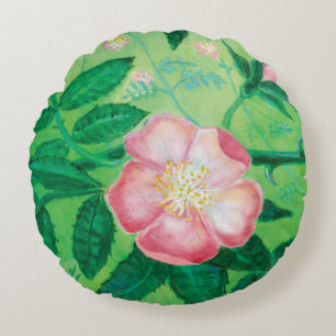 Pink Wild Rose Illustration Round Pillow