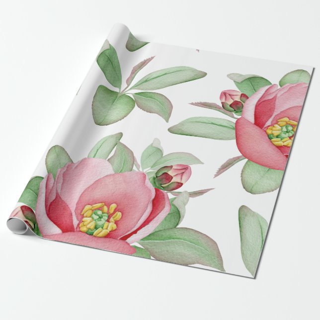 Pink Wild Rose Watercolor Floral Wrapping Paper (Unrolled)