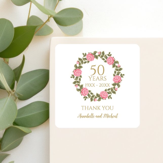 PINK WILD ROSES Floral Garland 50th Wedding thank  Square Sticker (Creator Uploaded)