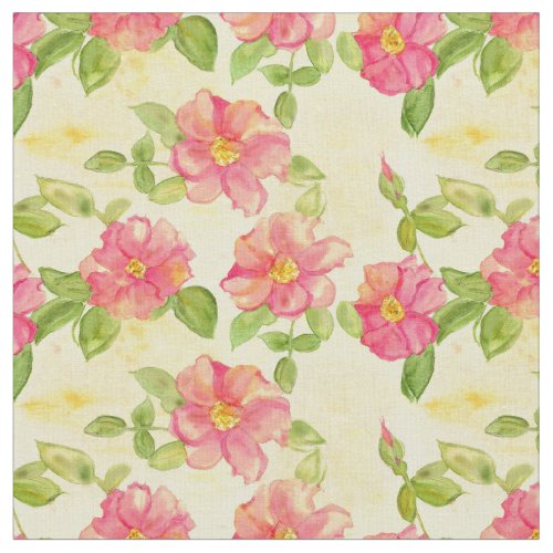 Pink Wild Roses Watercolor Flowers Yellow Fabric