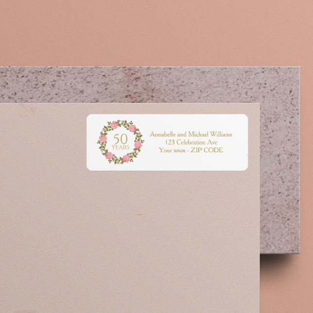 PINK WILD ROSES WREATH 50th Wedding address Label (Creator Uploaded)