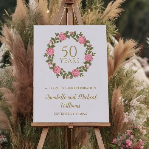 PINK WILD ROSES WREATH 50th Wedding Welcome  Poster