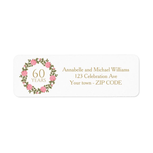 PINK WILD ROSES WREATH 60th Wedding address Label (Front)