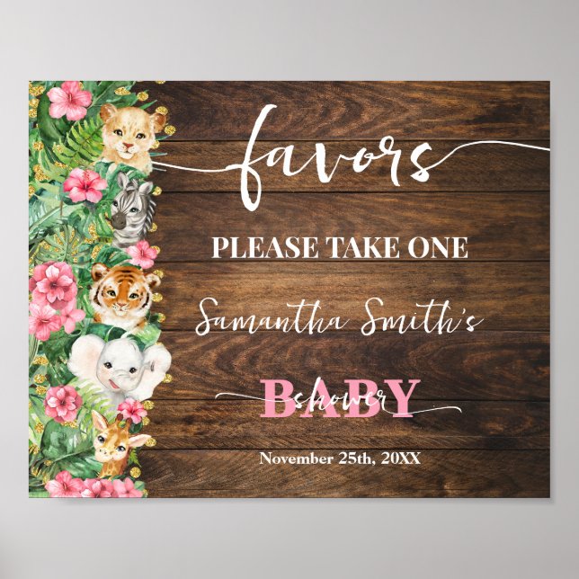 Pink Wild Rustic Safari Animals Favors Baby Shower Poster (Front)