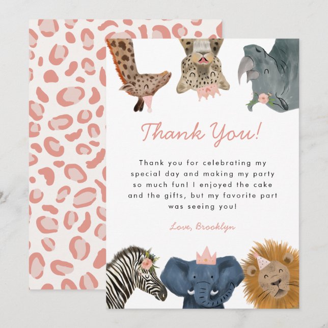 Pink Wild Safari Animals Birthday Party  Thank You Card (Front/Back)